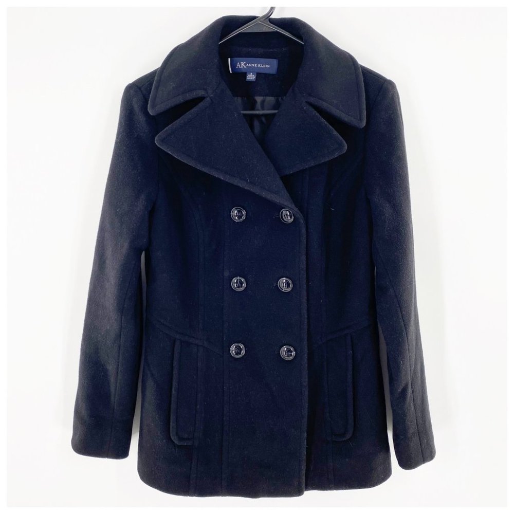 AK Anne Klein Black Double Breasted Wool Blend Pea Coat Women's Size S w Pockets